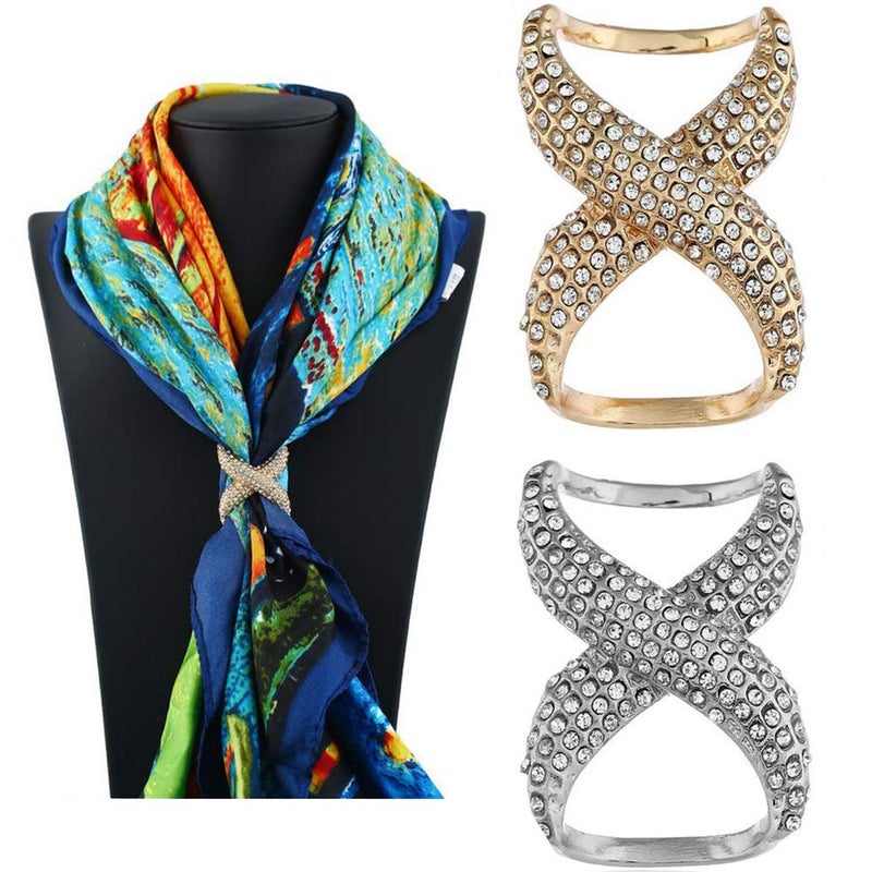 UPSTORE 2PCS(Gold+Silver) Women Lady Girls Fashion Rhinestone Inlayed Scarf Ring Buckle Modern Simple Jewelry Silk Scarf Clasp Clips Clothing Wrap Holder Decoration Accessories for T-Shirt Neckerchief Shawl - Image 1